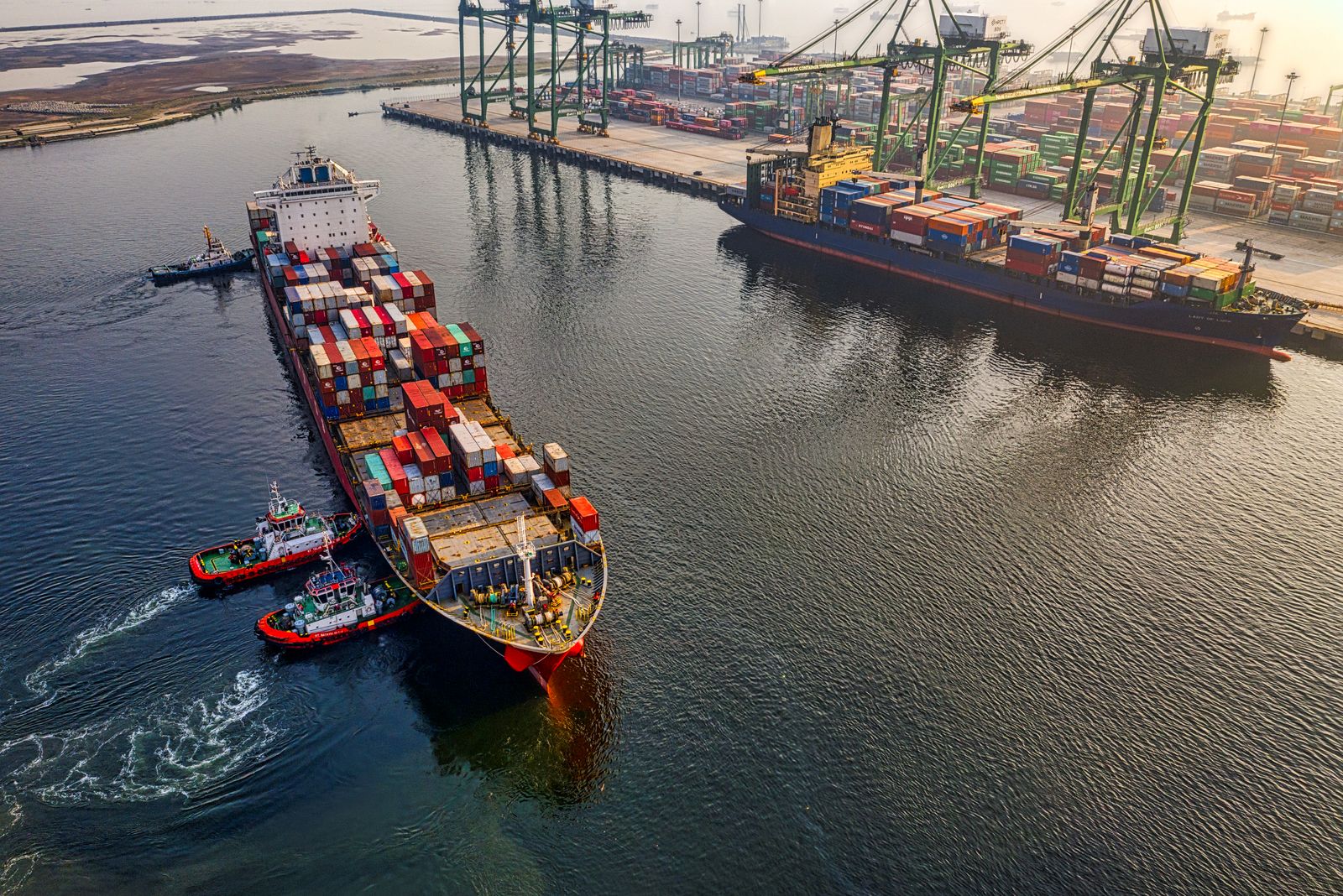Aerial view of a cargo ship at sea